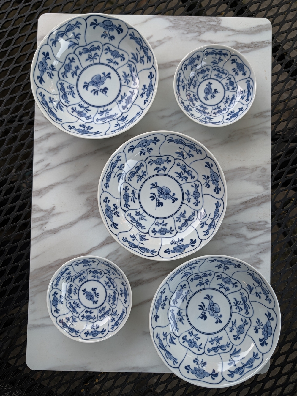 Blue and White Floral Porcelain Bowls - Set of 5